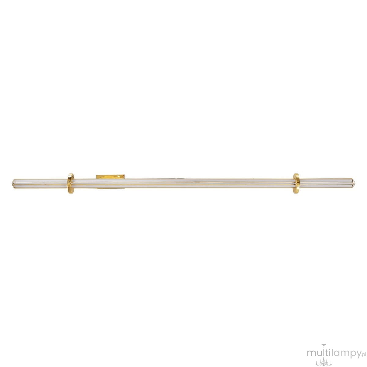 Lampa wisząca LED Lovely 100, złota, o długości 100 cm, z przezroczystymi kloszami. Ujęcie frontalne, zamontowana na ścianie. Źródło światła 9W, barwa 3000K. Minimalistyczny design z dekoracyjnymi elementami.
