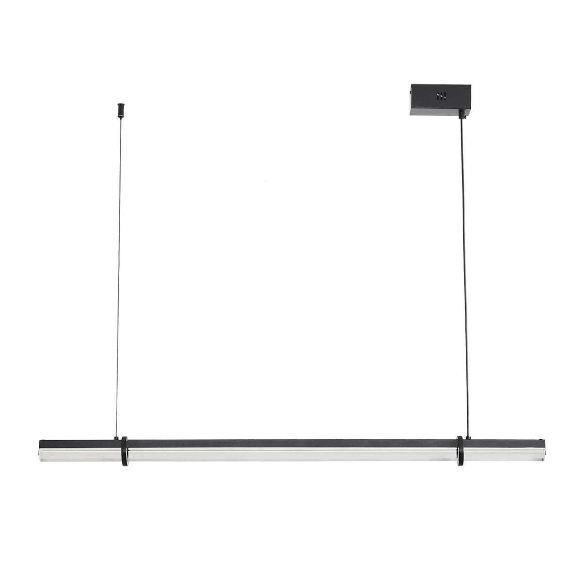 Lampa wisząca LED Lovely 100, moc 9W, temperatura barwowa 3000K, w kolorze czarnym. Prosta konstrukcja z poziomą, długą belką świetlną zawieszoną na cienkich linkach. Zasilacz montowany do sufitu, minimalistyczny design.