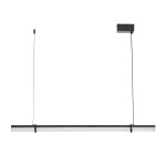 Lampa wisząca LED Lovely 100, moc 9W, temperatura barwowa 3000K, w kolorze czarnym. Prosta konstrukcja z poziomą, długą belką świetlną zawieszoną na cienkich linkach. Zasilacz montowany do sufitu, minimalistyczny design.