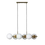 Lampa wisząca Conte Milano z sześcioma oprawami E27. Złota konstrukcja z metalowymi elementami i białymi, okrągłymi kloszami. Wisi na dwóch czarnych kablach. Prosty, nowoczesny design idealny do różnorodnych wnętrz.