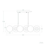 Lampa wisząca Conte - Milano z 6 gniazdami E27, złota. Posiada prostokątny stelaż z zawieszeniem oraz sześć okrągłych kloszy umieszczonych w linii. Wymiary: długość 850 mm, szerokość 300 mm, wysokość 1620 mm. Idealna do nowoczesnych wnętrz.