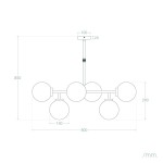 Lampa wisząca Liguria - Milano z sześcioma oprawami E27 w kolorze złotym. Zawieszona na cienkim, prostym stelażu. Wymiary: wysokość 850 mm, szerokość 800 mm, głębokość 290 mm. Klasyczny design z okrągłymi kloszami.