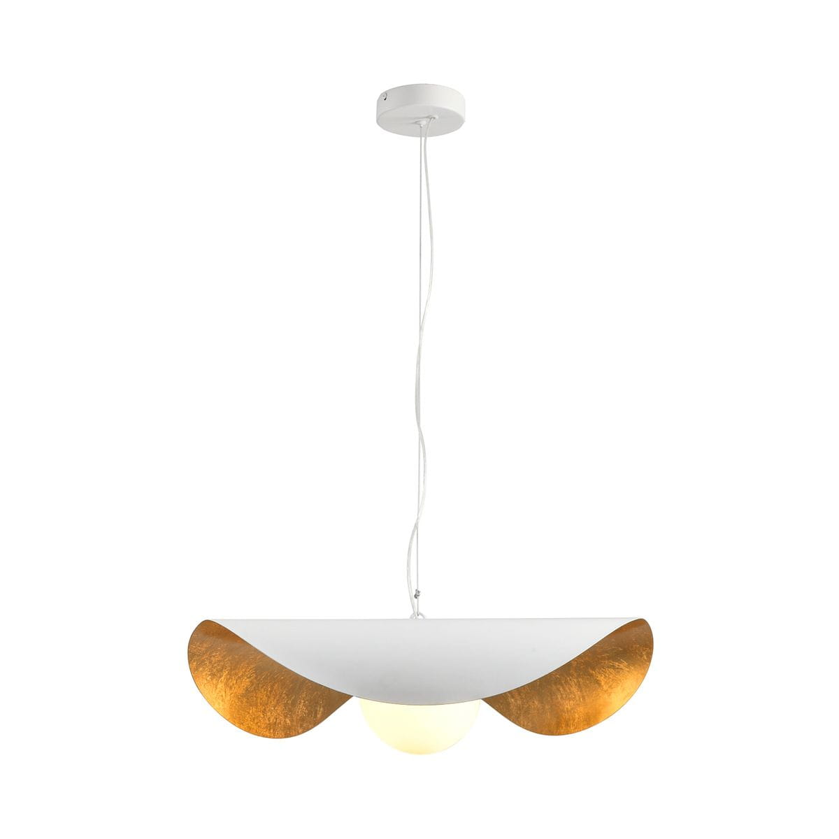 Lampa wisząca Enzo D40 z białym kloszem i złotymi akcentami. Posiada okrągłą żarówkę E27, zawieszona na cienkim, białym przewodzie. Ujęcie frontalne, produkt wisi na białym tle, podkreślając elegancki design.