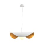 Lampa wisząca Enzo D40 z białym kloszem i złotymi akcentami. Posiada okrągłą żarówkę E27, zawieszona na cienkim, białym przewodzie. Ujęcie frontalne, produkt wisi na białym tle, podkreślając elegancki design.
