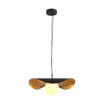 Lampa wisząca Enzo D60 z oprawą w kolorze czarnym i złotymi akcentami. Posiada okrągły klosz z białym źródłem światła, zawieszona na cienkim czarnym przewodzie. Widok frontalny, lampa w pozycji wiszącej.