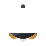 Lampa wisząca Enzo D60 z czarnym metalowym kloszem i złotymi akcentami, z okrągłą białą żarówką E27. Zawieszona na cienkim czarnym kablu, w kształcie lekko falującym, w nowoczesnym stylu, idealna do wnętrz.