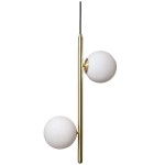 Lampa wisząca Bari-Milano 2xE27 w kolorze złotym, z dwoma białymi kulistymi kloszami na długim, cienkim stelażu. Produkt zawieszony na czarnym przewodzie, w pozycji pionowej.