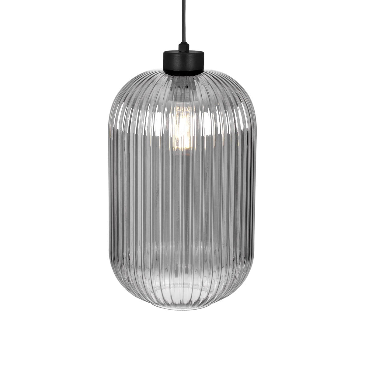 Lampa wisząca Silva D14 w czarnym/grafitowym kolorze z kloszem w przezroczystym, żłobionym szkle. Oświetlenie 1xE27, wisi na cienkim kabelku, z okrągłym mocowaniem u góry. Idealna do nowoczesnych wnętrz.