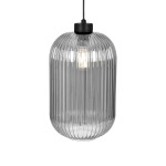 Lampa wisząca Silva D14 w czarnym/grafitowym kolorze z kloszem w przezroczystym, żłobionym szkle. Oświetlenie 1xE27, wisi na cienkim kabelku, z okrągłym mocowaniem u góry. Idealna do nowoczesnych wnętrz.
