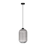 Czarna lampa wisząca Silva D20 z kloszem w grafitowym odcieniu, o cylindrycznym kształcie z wyraźnym żłobieniem. Zawieszona na cienkim przewodzie, z metalowym mocowaniem sufitowym. Wymaga żarówki E27.