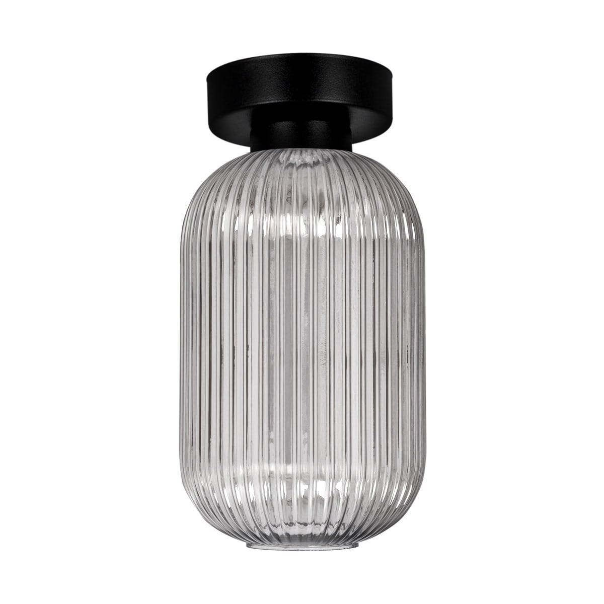 Lampa sufitowa Silva 1xE27 w kolorze czarnym i grafitowym, z okrągłą, teksturowaną kloszem o cylindrycznym kształcie. Widoczne żebrowanie na szkle, montowana pod sufitem, z widocznym gniazdem na żarówkę E27.