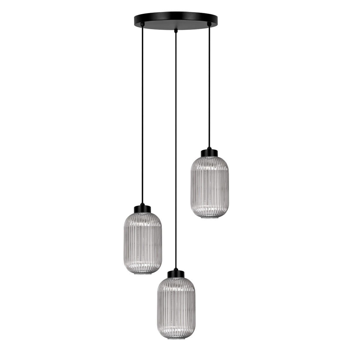 Lampa wisząca Silva z trzema kloszami E27 w kolorze czarnym i grafitowym. Klosze o cylindrycznym kształcie z wyraźnym żłobieniem, zawieszone na cienkich przewodach. Montaż sufitowy, nowoczesny design, idealna do wnętrz.
