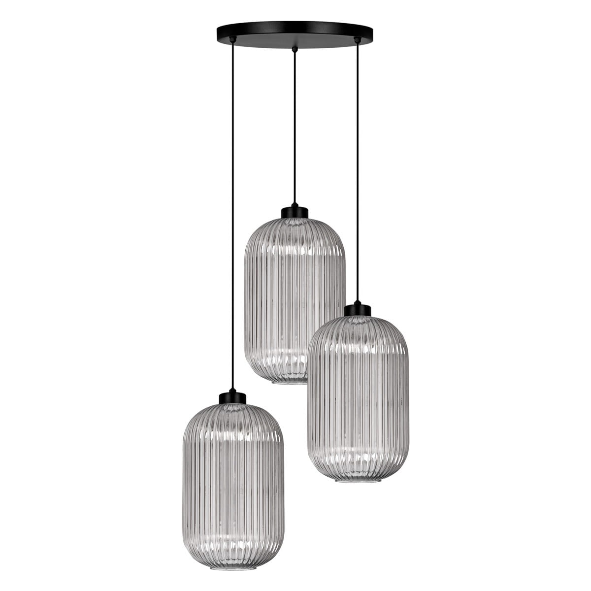 Lampa wisząca Silva 3xE27 w kolorze czarnym i grafitowym, składająca się z trzech szklanych kloszy o cylindrycznym kształcie z pionowymi żłobieniami. Zawieszona na cienkich linkach z okrągłą podsufitką.