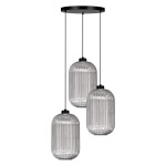 Lampa wisząca Silva 3xE27 w kolorze czarnym i grafitowym, składająca się z trzech szklanych kloszy o cylindrycznym kształcie z pionowymi żłobieniami. Zawieszona na cienkich linkach z okrągłą podsufitką.