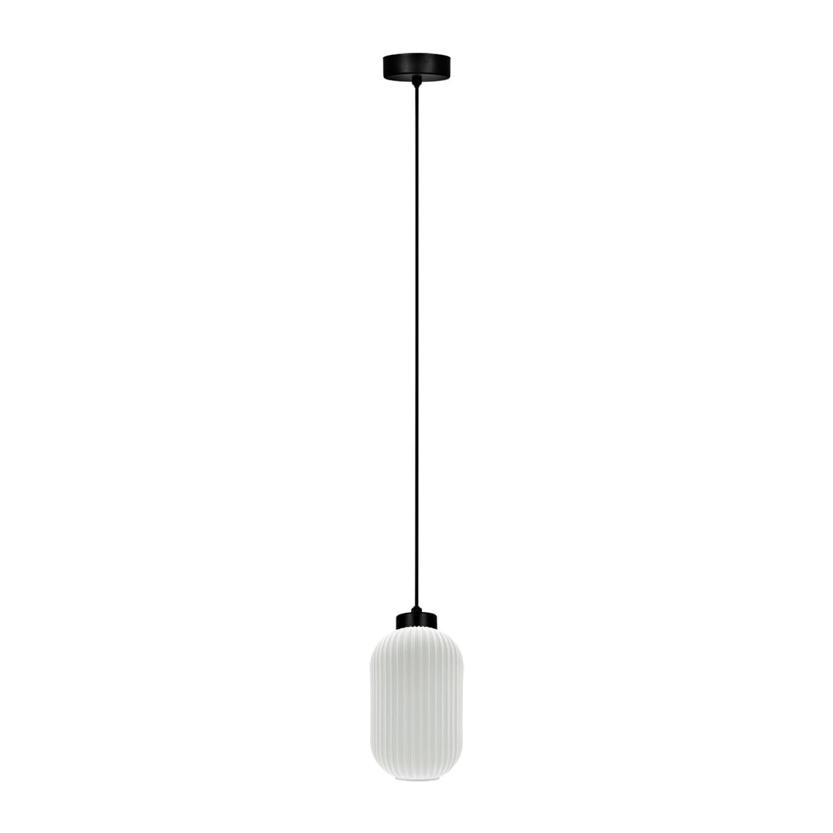 Czarna lampa wisząca Vilar D14 z białym kloszem w kształcie cylindrycznym, z teksturowaną powierzchnią. Produkt zawieszony na cienkim, czarnym przewodzie, z okrągłym mocowaniem sufitowym. Idealny do nowoczesnych wnętrz.
