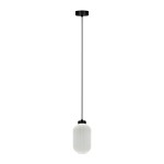 Czarna lampa wisząca Vilar D14 z białym kloszem w kształcie cylindrycznym, z teksturowaną powierzchnią. Produkt zawieszony na cienkim, czarnym przewodzie, z okrągłym mocowaniem sufitowym. Idealny do nowoczesnych wnętrz.