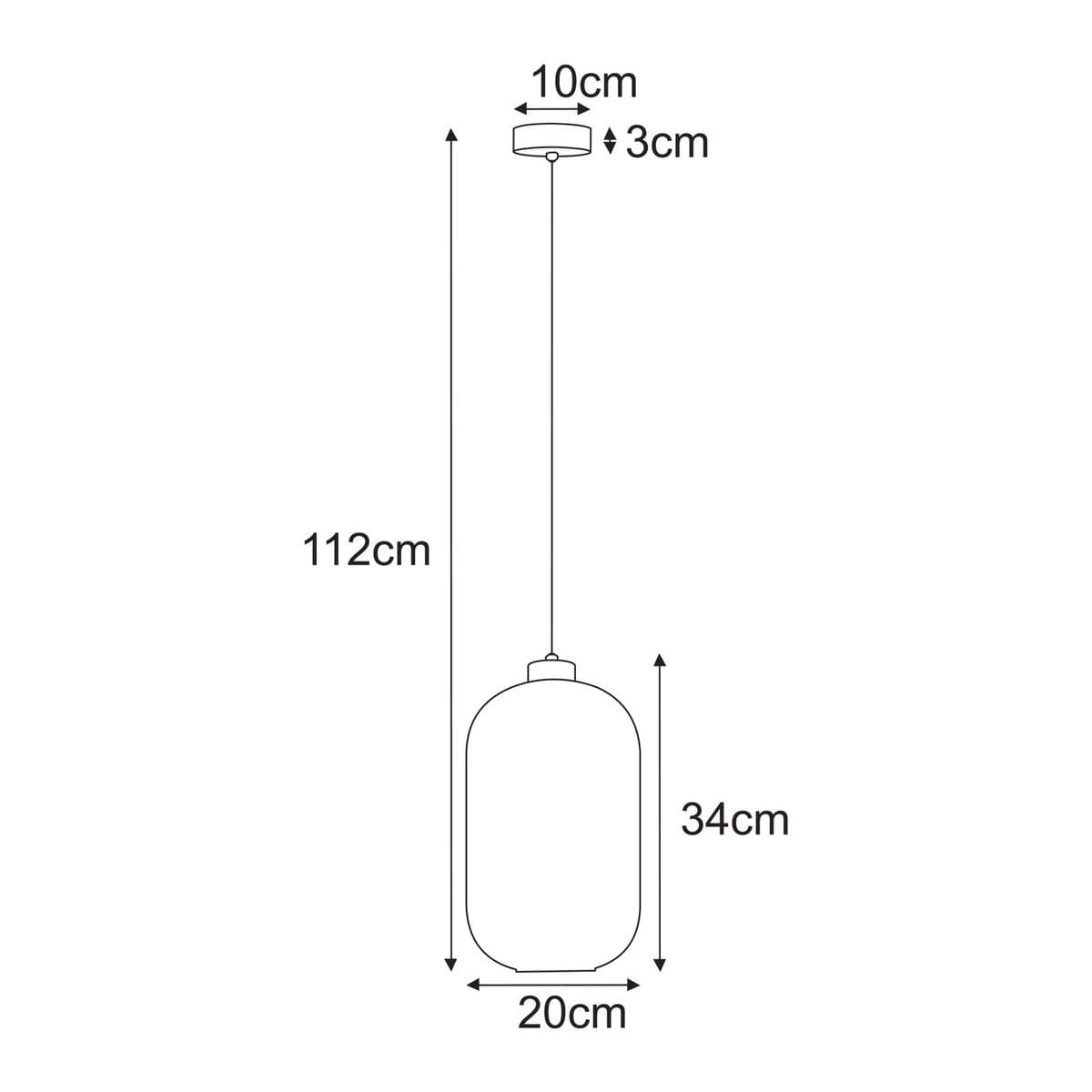 Lampa wisząca Vilar D20 z oprawą w kolorze czarnym i białym, z miejscem na żarówkę E27. Wymiary: wysokość 112 cm, średnica klosza 20 cm, wysokość klosza 34 cm. Ujęcie frontalne, zawieszona na długim przewodzie.