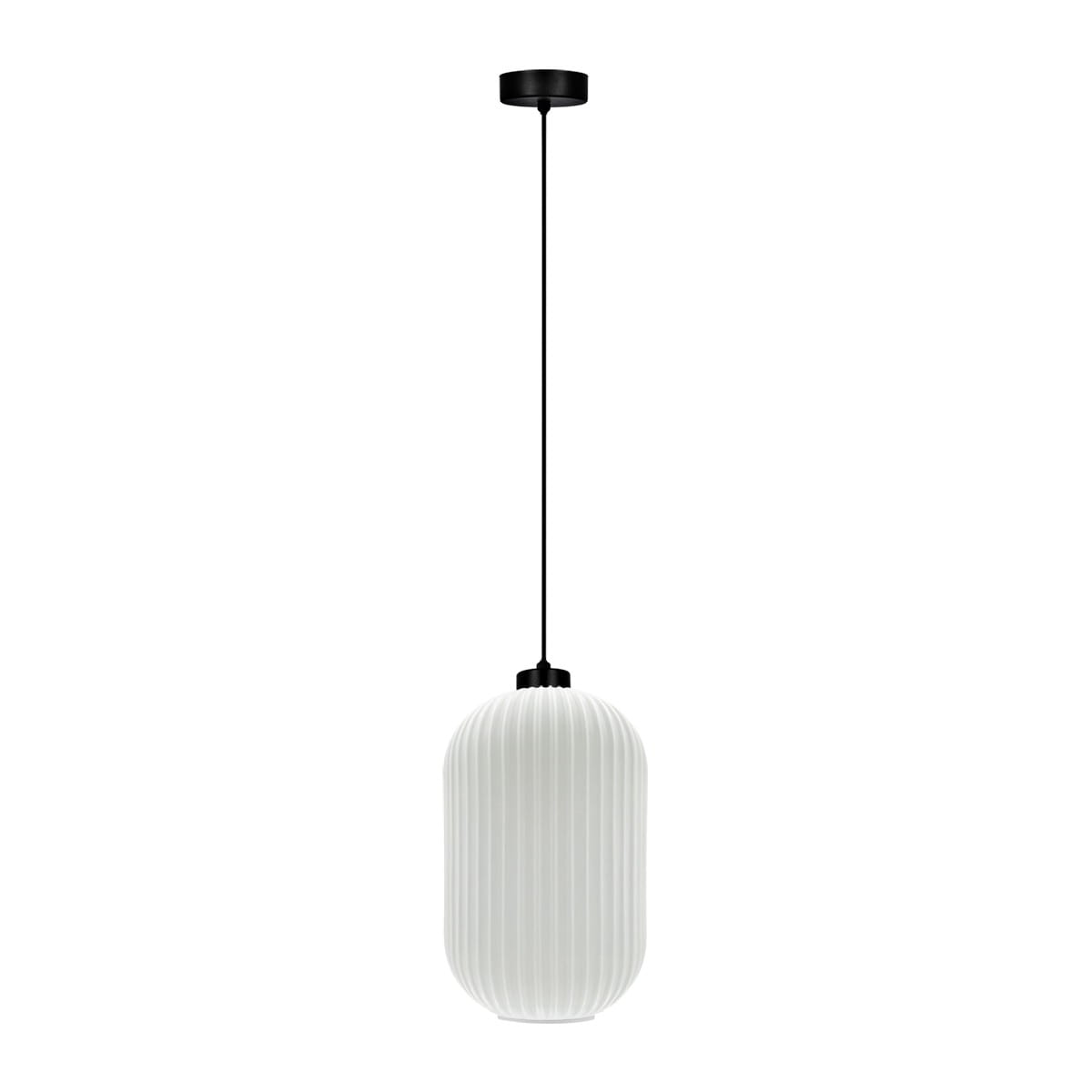 Lampa wisząca Vilar D20 z jednym gniazdem E27, w kolorze czarnym i białym. Okrągły klosz z białego materiału, żebrowany, zawieszony na czarnym przewodzie. Prosta, nowoczesna forma, idealna do różnych wnętrz.