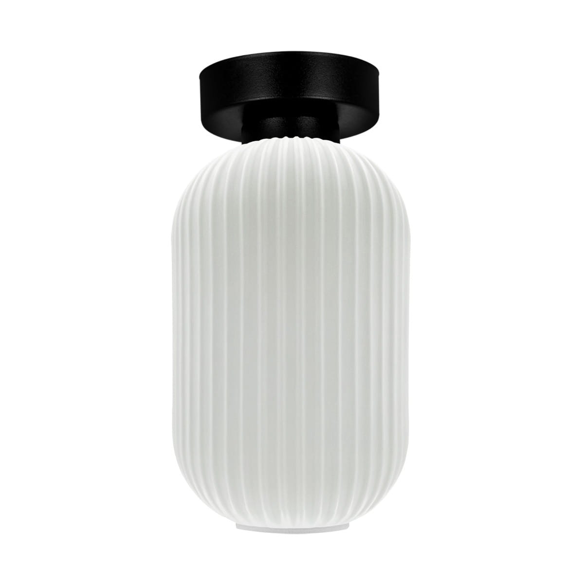 Lampa sufitowa Vilar z oprawą czarną i szklanym kloszem w białym kolorze, o cylindrycznym kształcie z pionowymi żłobieniami. Zawieszona w pozycji pionowej, doskonała do nowoczesnych wnętrz.