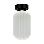 Lampa sufitowa Vilar z oprawą czarną i szklanym kloszem w białym kolorze, o cylindrycznym kształcie z pionowymi żłobieniami. Zawieszona w pozycji pionowej, doskonała do nowoczesnych wnętrz.