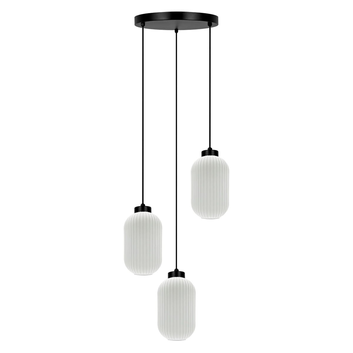 Lampa wisząca Vilar z trzema białymi kloszami w kształcie owalnym, wykonanymi z teksturowanego szkła, zawieszona na czarnych linkach. Podstawa montażowa w kolorze czarnym. Klosze mają delikatne rowki, co nadaje im elegancki wygląd.