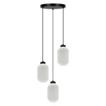 Lampa wisząca Vilar z trzema białymi kloszami w kształcie owalnym, wykonanymi z teksturowanego szkła, zawieszona na czarnych linkach. Podstawa montażowa w kolorze czarnym. Klosze mają delikatne rowki, co nadaje im elegancki wygląd.