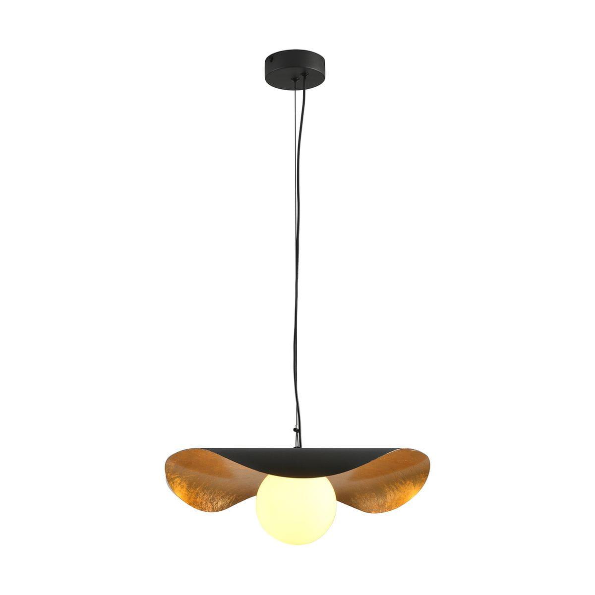 Lampa wisząca Enzo D40 w kolorze czarnym z złotymi akcentami, z okrągłym kloszem w centralnej części. Zamontowana na czarnym przewodzie, z okrągłą podsufitką. W zestawie żarówka E27, idealna do nowoczesnych wnętrz.
