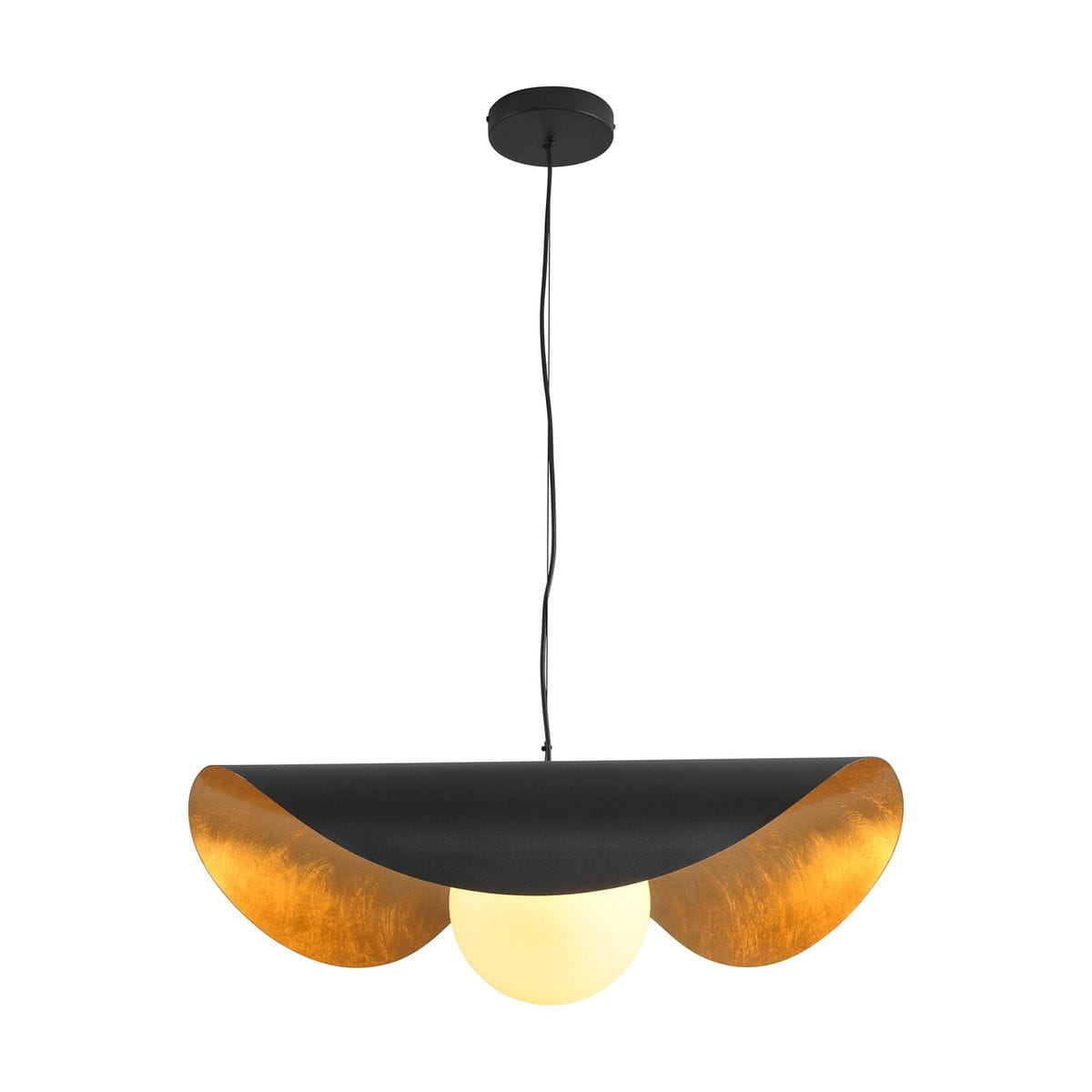 Lampa wisząca Enzo D40 w kolorze czarnym z złotymi akcentami, z okrągłym kloszem w kształcie półkuli. Ujęcie z przodu, zawieszona na czarnym przewodzie, z widoczną żarówką E27 w centralnej części. Tło białe.