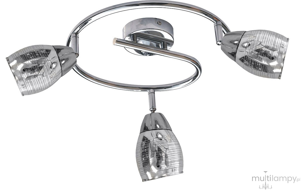 Lampa sufitowa Milton 3-punktowa w chromowanej obudowie. Posiada trzy ruchome klosze o cylindrycznym kształcie z przezroczystego szkła z delikatnym wzorem. Ułożona w formie spiralnej, montowana na suficie.