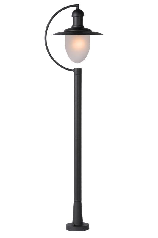 Lampa ogrodowa stojąca Aruba H110 w kolorze czarnym. Posiada metalowy słup oraz klosz w kształcie owalu, wykonany z matowego szkła. Ujęcie frontalne, lampa stabilnie osadzona na okrągłej podstawie. Idealna do oświetlenia przestrzeni zewnętrznych.