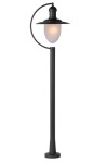 Lampa ogrodowa stojąca Aruba H110 w kolorze czarnym. Posiada metalowy słup oraz klosz w kształcie owalu, wykonany z matowego szkła. Ujęcie frontalne, lampa stabilnie osadzona na okrągłej podstawie. Idealna do oświetlenia przestrzeni zewnętrznych.