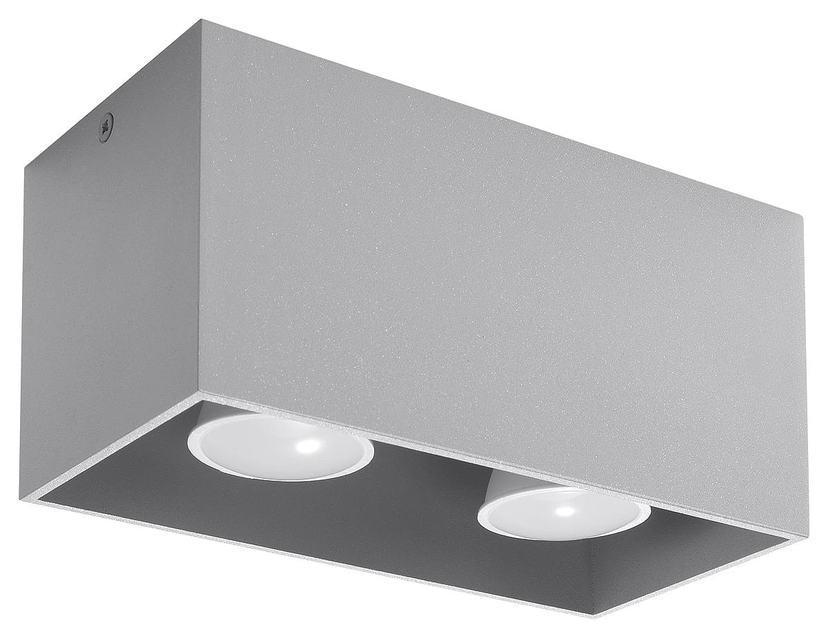 Lampa sufitowa Quad Maxi 2-punktowa w kolorze szarym, o prostokątnym kształcie. Posiada dwa okrągłe klosze, umieszczone na dole, wykonane z białego materiału. Lampa montowana jest sufitowo, z widocznym mocowaniem.