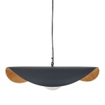 Lampa wisząca Enzo D40 w kolorze czarnym z złotymi detalami. Okrągła, metalowa konstrukcja z półkolistym kloszem i drewnianymi akcentami. Zawieszona na cienkim kablu, z widoczną oprawą na żarówkę E27.