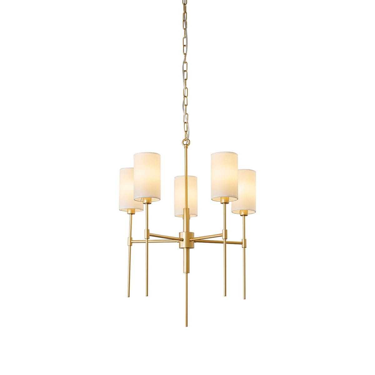 Złota lampa wisząca Darling z pięcioma kloszami E14. Klosze w kształcie cylindrów, wykonane z matowego szkła, zawieszone na cienkim łańcuchu. Prosta, nowoczesna konstrukcja z metalowymi elementami, idealna do eleganckich wnętrz.