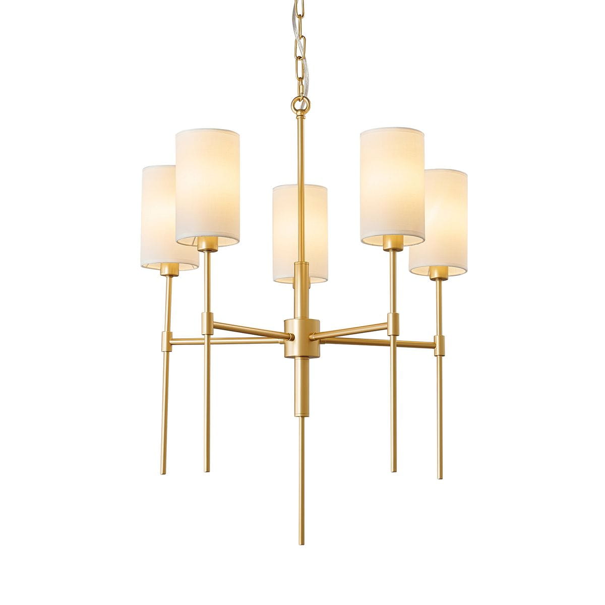 Lampa wisząca Darling w kolorze złotym z pięcioma abażurami w kształcie cylindrów. Metalowa konstrukcja z prostymi ramionami. Kąt ujęcia: frontalny. Idealna do nowoczesnych wnętrz.