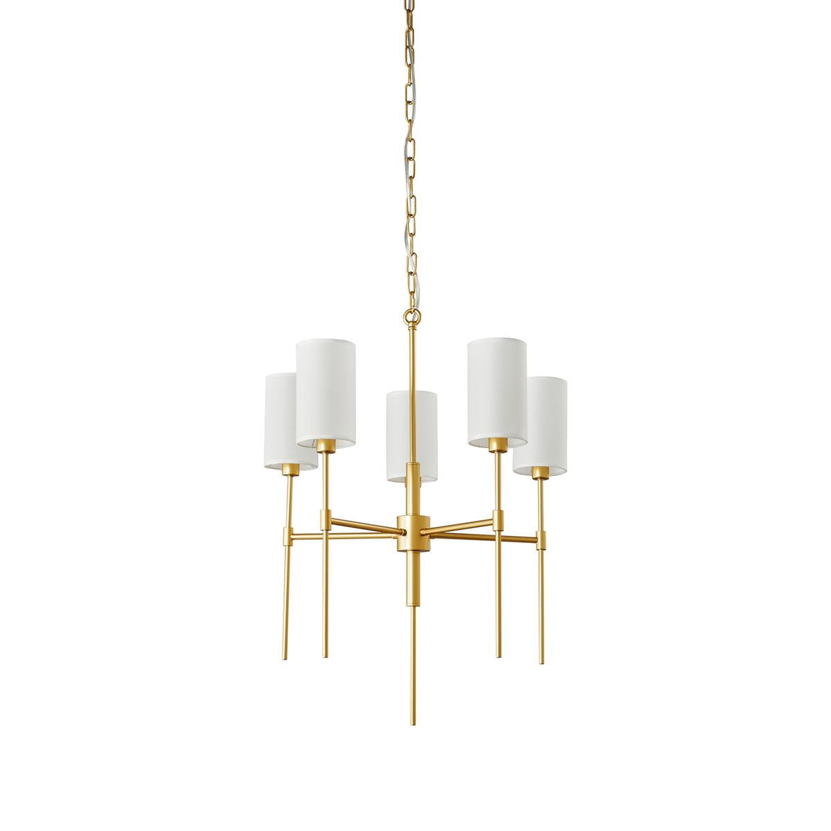 Lampa wisząca Darling w kolorze złotym, z pięcioma kloszami w białym kolorze. Kształt cylindryczny, zamontowana na długim łańcuchu. Prosta, nowoczesna konstrukcja idealna do różnych wnętrz.