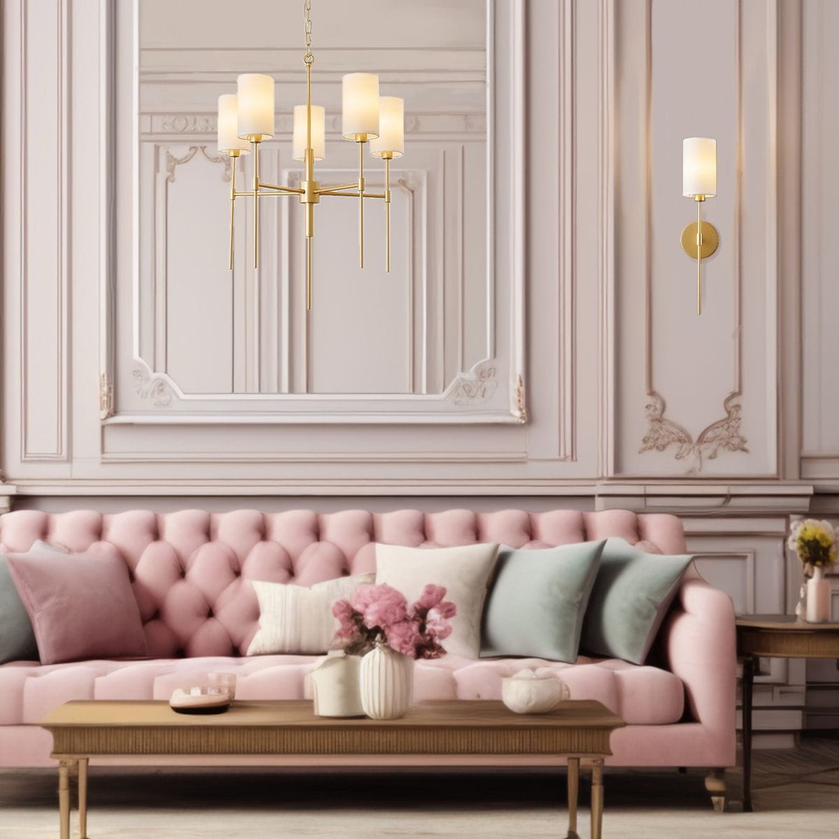 Złota lampa wisząca Darling 5xE14 z mlecznymi kloszami, umieszczona w eleganckim wnętrzu z różowym sofą i dekoracyjnymi poduszkami. Lampa zawieszona na cienkim łańcuchu, w tle klasyczne, zdobione ściany i lustro.