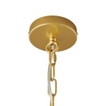 Złota lampa wisząca Darling z pięcioma miejscami na żarówki E14. Ujęcie z dołu, ukazujące sufitowy element mocujący oraz transparentny kabel. Gładka, metaliczna powierzchnia, okrągła forma podstawy.