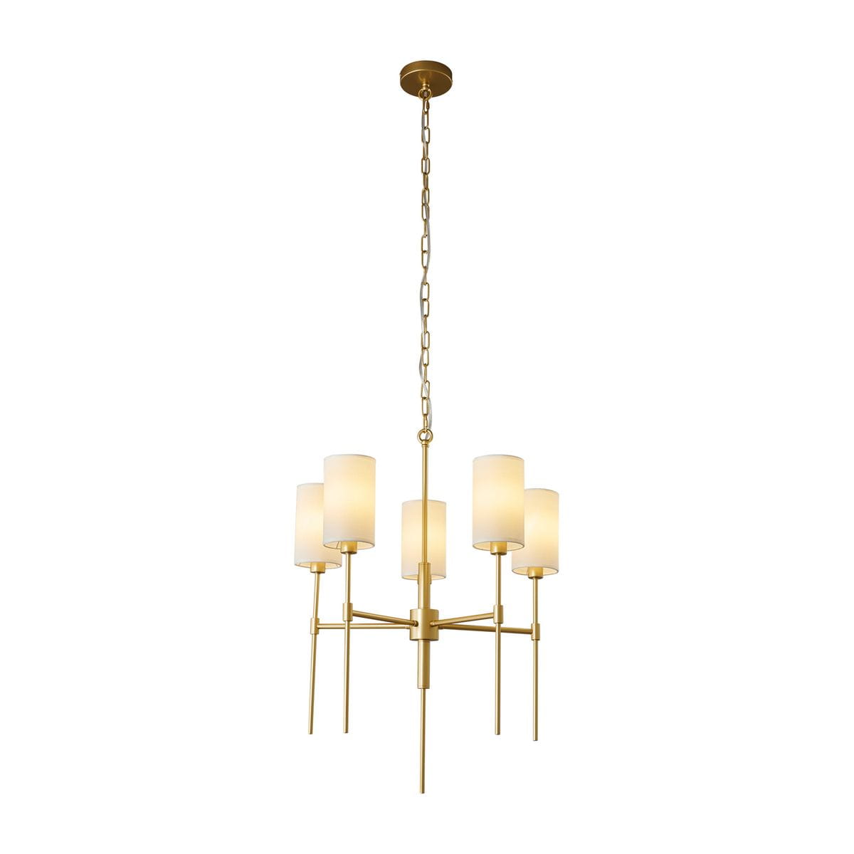 Lampa wisząca Darling 5xE14 w kolorze złotym, z pięcioma cylindrycznymi kloszami z mlecznego szkła. Ujęcie frontalne, zawieszona na łańcuchu, z prostą konstrukcją w eleganckim stylu. Idealna do nowoczesnych wnętrz.