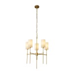 Lampa wisząca Darling 5xE14 w kolorze złotym, z pięcioma cylindrycznymi kloszami z mlecznego szkła. Ujęcie frontalne, zawieszona na łańcuchu, z prostą konstrukcją w eleganckim stylu. Idealna do nowoczesnych wnętrz.