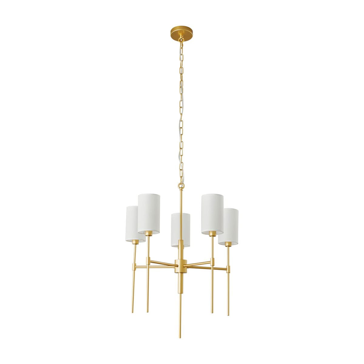 Lampa wisząca Darling w kolorze złotym z pięcioma oprawami E14. Posiada białe, cylindryczne klosze na prostych ramionach. Zawieszona na złotej łańcuchu, prezentuje nowoczesny design. Idealna do wnętrz w stylu minimalistycznym.