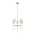 Lampa wisząca Darling w kolorze złotym z pięcioma oprawami E14. Posiada białe, cylindryczne klosze na prostych ramionach. Zawieszona na złotej łańcuchu, prezentuje nowoczesny design. Idealna do wnętrz w stylu minimalistycznym.