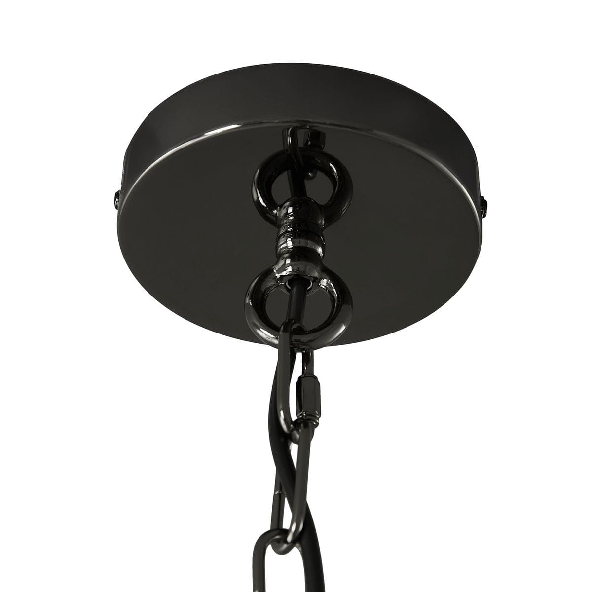 Czarna lampa wisząca Darling z pięcioma miejscami na żarówki E14. Widok z dołu, ukazujący okrągłą podstawę i łańcuch mocujący. Elementy w połyskującym wykończeniu, tworzące nowoczesny i elegancki wygląd.