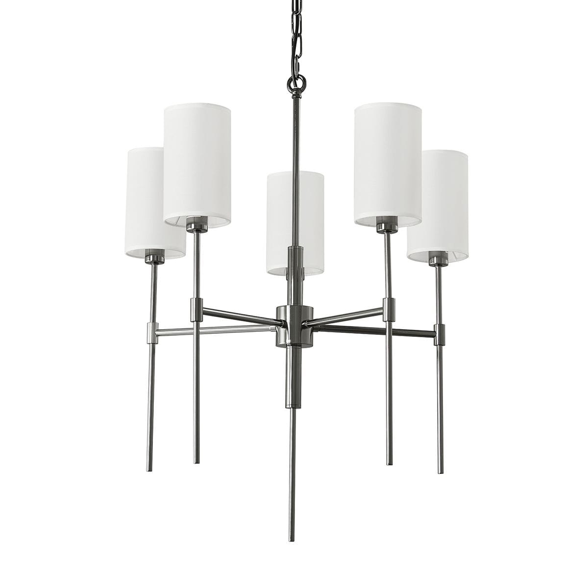 Lampa wisząca Darling z pięcioma źródłami światła E14, w kolorze czarnym. Posiada cylindryczne klosze z białego szkła, umieszczone na metalowej konstrukcji z cienkimi ramionami. Zawieszona na łańcuchu, prezentuje nowoczesny design.
