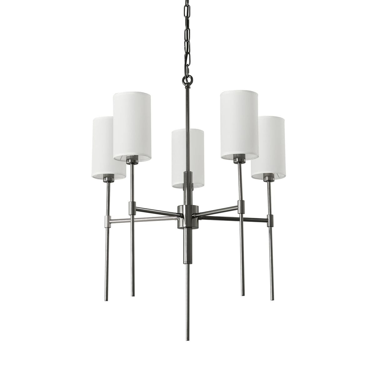 Lampa wisząca Darling z pięcioma kloszami w kolorze białym na metalowej, czarnej konstrukcji. Ujęcie z przodu, pokazujące nowoczesny design z równymi, prostymi ramionami. Wysoka jakość materiałów, idealna do wnętrz.