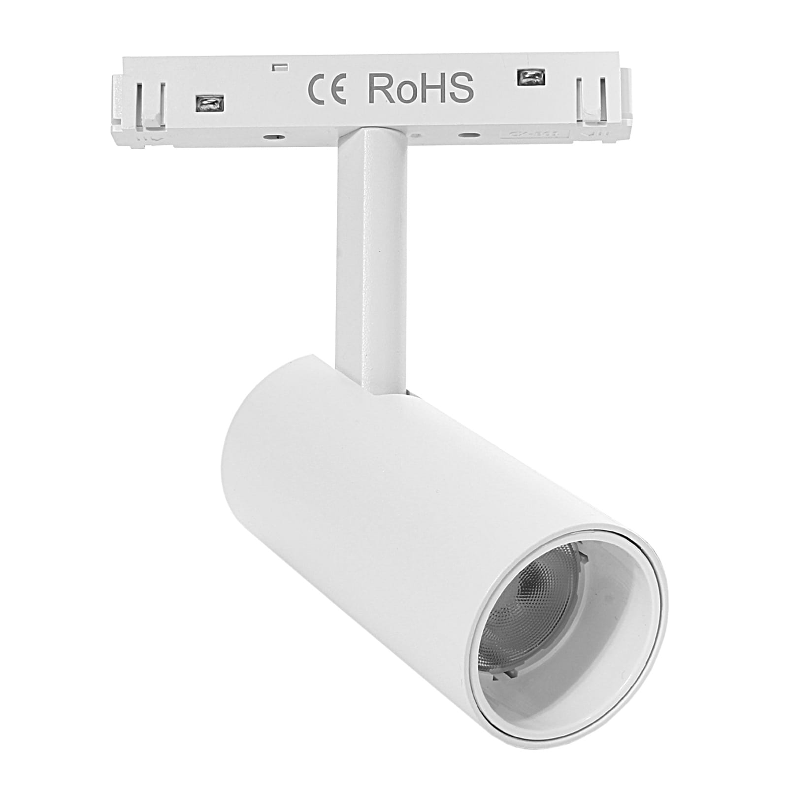 Reflektor spot LED do szyny magnetycznej Tuya 7W/CCT w kolorze białym, o cylindrycznym kształcie. Ujęcie z boku, widoczny uchwyt montażowy oraz szczegóły struktury wnętrza reflektora. Idealny do oświetlenia przestrzeni.