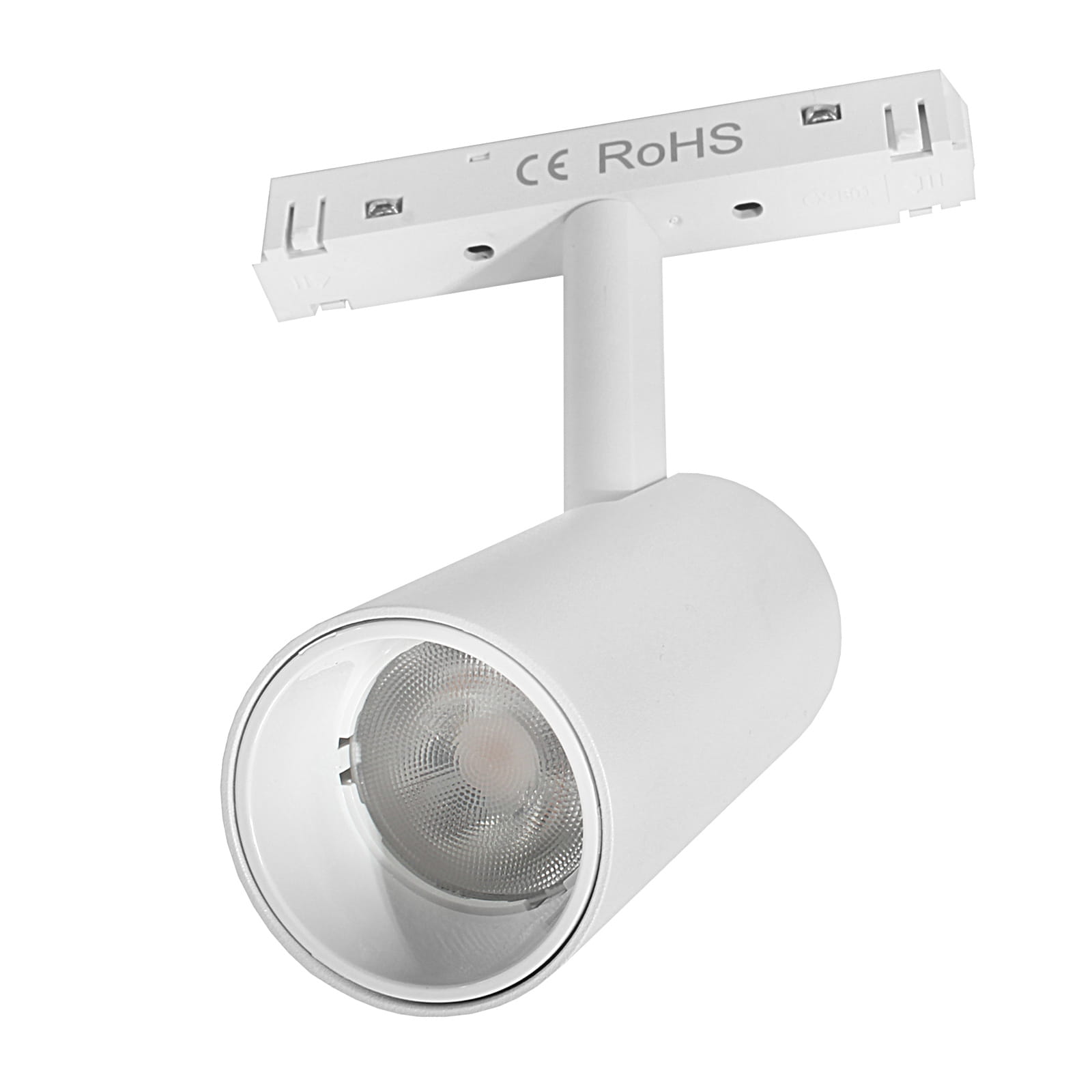 Reflektor spot LED do szyny magnetycznej Tuya 7W w kolorze białym. Cylindryczny kształt z widoczną soczewką. Umożliwia regulację kierunku światła. Montowany na szynie, z oznaczeniem CE i RoHS.