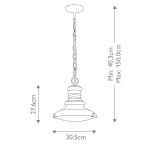 Lampa wisząca Redding Station w antycznym złocie z regulowaną wysokością (40.3 cm – 150 cm). Wymiary: wysokość 27.6 cm, średnica 30.5 cm. Prosty kształt z dekoracyjnym detalem na podsufitce, idealna do ogrodu.