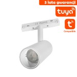 Reflektor spot LED do szyny magnetycznej Tuya 7W/CCT w kolorze białym. Ułożony w pozycji wiszącej, z okrągłą głowicą o przezroczystym kloszu. Widoczny system montażu oraz logo Tuya. Produkt z 3-letnią gwarancją.