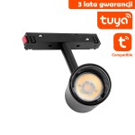 Reflektor spot LED do szyny magnetycznej Tuya 7W w kolorze czarnym, z okrągłą głowicą emitującą światło. Produkt mocowany na szynie, z widoczną etykietą Tuya oraz oznaczeniem 3 lata gwarancji.